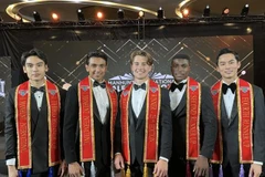 The top five at the Manhunt International 2025 competition. A French contestant (centre) won the pageant, while Vietnamese representative Nguyen Vu Linh (right) was the fourth runner-up. (Photo: Courtesy of Manhunt International 2025)