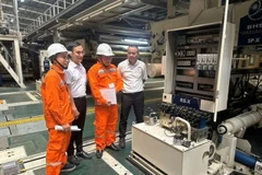 EVN engineers inspect electrical equipment at a factory in Hanoii (Photo: VNA)