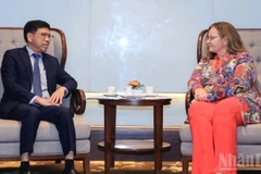 Deputy Minister of Construction Nguyen Xuan Sang holds talks with Dutch Minister for Foreign Trade and Development Aukje de Vries in Hanoi on November 10. (Photo: nhandan.vn)