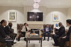 Vietnamese Ambassador to Australia Pham Hung Tam (third from the right) and Nauru High Commissioner to Australia Camilla Solomon (third from the left) at their meeting on May 27. (Photo: VNA)
