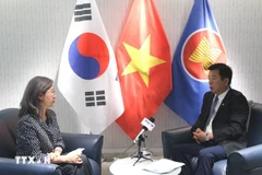 Vietnamese Ambassador to the RoK Vu Ho (R) grants an interview to the Vietnam News Agency correspondent in Seoul. (Photo: VNA)