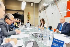 The working session between Vietnamese Ambassador to Russia Dang Minh Khoi and the director general and other leaders of the Russian international media group Rossiya Segodnya on December 25. (Photo: VNA)