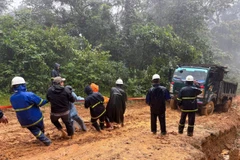 Workers of the Quang Tri power company are overcoming difficulties to restore electricity supply to all remote villages before December 15. (Photo: VNA)