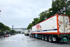 Trucks carrying goods wait for customs clearance at the Thanh Thuy International Border Gate in Tuyen Quang province. (Photo: VNA)