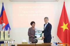 Vietnamese Ambassador Nguyen Minh Vu to Cambodia Nguyen Minh Vu (right) presents Tet gifts to Ha Thi E, who contributed to the resistance war against the US and was awarded a certificate of merit by the Prime Minister of Vietnam in 2009. (Photo: VNA)