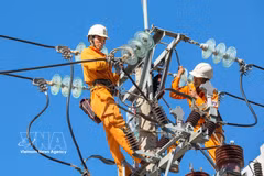 Workers inspect and repair power lines to ensure safe and continuous power supply in the central provinces (Photo: VNA)