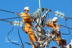 Workers inspect and repair power lines to ensure safe and continuous power supply in the central provinces (Photo: VNA)