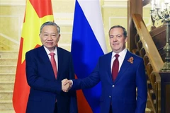 General Secretary of the Communist Party of Vietnam (CPV) To Lam (left) and Dmitry Medvedev, Chairman of the United Russia Party (URP) and Deputy Chairman of the Security Council of Russia, at their meeting in Moscow on May 9. (Photo: VNA)