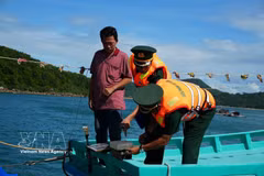 A border guard checks VMS on a fishing boat. (Photo: VNA)