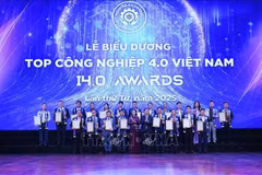 Vice Chairwoman of the National Assembly Nguyen Thi Thanh (front, fifth from left) and Chairman of the Vietnam Union of Science and Technology Associations Phan Xuan Dung are with enterprises honoured at the Industrie 4.0 Awards. (Photo: VNA)