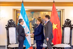 Vietnamese Ambassador to Mexico and Honduras Nguyen Van Hai (left) presents the letter of credence to Honduran President Xiomara Castro at a ceremony on June 13 (local time). (Photo: VNA)