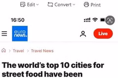 A screenshot of the Euronews article "The world's top 10 cities for street food have been revealed", published on July 30, 2026.