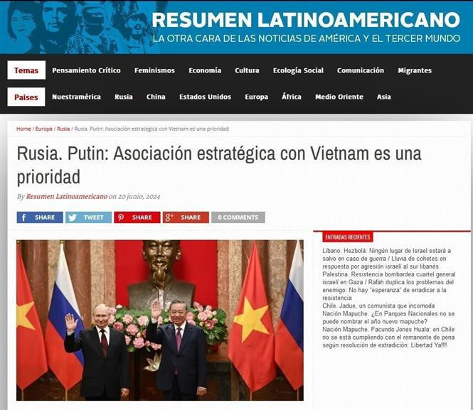 An article on Resumen Latinoamericano about the Vietnam visit by Russian President Vladimir Putin (Photo: VNA)