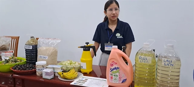 An exhibition of kitchen waste treatment plans at school in Da Nang. (Photo: VNA)