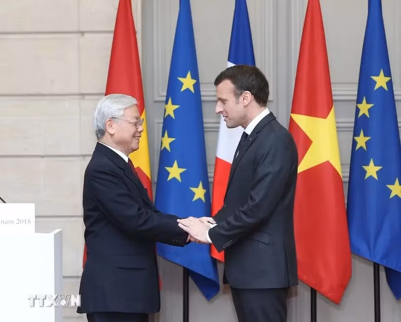 General Secretary of the Communist Party of Vietnam Central Committee Nguyen Phu Trong (L) and French President Emmanuel Macron in the former's official visit to France in 2018. (Photo: VNA). 