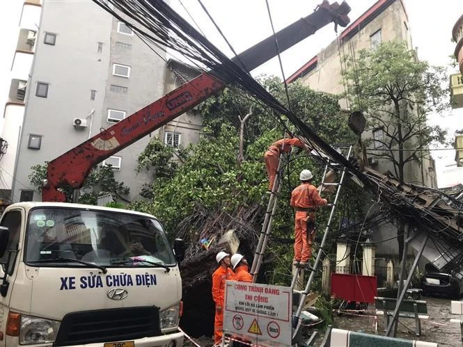 The power sector's workers are restoring electricity grid ruined by the typhoon. (Photo: VNA)