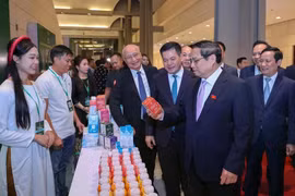 Prime Minister Pham Minh Chinh visits a booth of TH Group on the sidelines of the 9th announcement of products meeting national brand standards. (Photo: VietnamPlus)