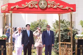 President Luong Cuong (L) at the red-carpet welcome ceremony hosted by President Abdel Fattah El-Sisi (Photo: VNA)