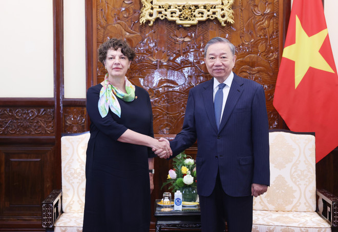Party General Secretary and State President To Lam receives German Ambassador Helga Margarete Barth on August 12. (Photo: VNA) Party General Secretary and State President To Lam receives German Ambassador.jpg