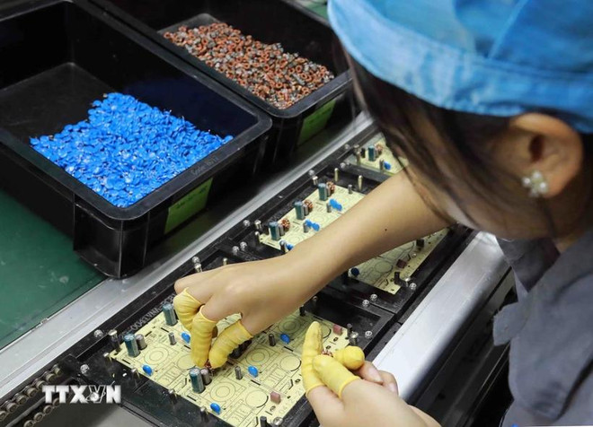 A worker assembles electronic components of printers at a factory in the An Duong Industrial Park of An Duong district, Hai Phong city. (Photo: VNA) electronic component assembly in Hai Phong.webp