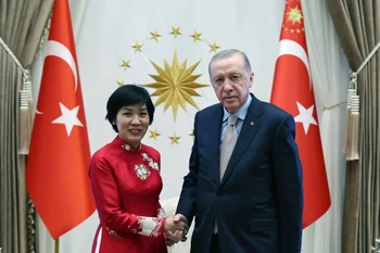 Vietnamese Ambassador to Türkiye Dang Thi Thu Ha (L) and Turkish President Recep Tayyip Erdogan (Photo: VNA)