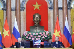 President To Lam (R) and visiting Russian President Vladimir Putin at a meeting with the press in Hanoi on June 20 following their talks on the same day. (Photo: VNA)