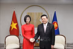 ASEAN Secretary-General Kao Kim Hourn and Ton Thi Ngoc Huong (L), the new ambassador and permanent representative of Vietnam to the bloc, at their meeting in Jakarta on May 13. (Photo: VNA)