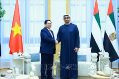 Prime Minister Pham Minh Chinh (L) shakes hands with President of the UAE Mohamed bin Zayed Al Nahyan. (Photo: VNA)