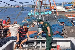 A border guard soldier inspects the installation of the vessel monitoring system (VMS) on a fishing vessel at Cat Lo fishing port. (Photo: VNA)