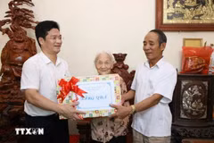 Standing Vice Chairman of the Nam Dinh provincial People's Committee Tran Anh Dung (first, left) presents a gift to Heroic Vietnamese Mother Tran Thi Chuc (centre), born in 1925, in My Thang commune of My Loc district. (Photo: VNA)