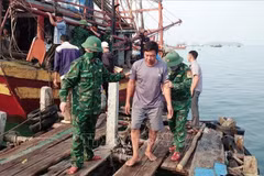 Border guards of Quang Binh province bring the saved fishermen to the mainland. (Source: VNA)