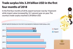 Trade surplus hits 3.39 billion USD in first four months of 2018