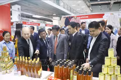 Vietnamese Ambassador to Laos Nguyen Ba Hung (3rd from right) visits a stall at the VIETLAO EXPO 2024 (Photo: VNA)