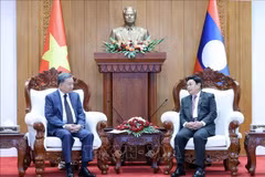 Vietnamese President To Lam (left) and Chairman of the Lao National Assembly Saysomphone Phomvihane at their meeting in Vientiane on July 11. (Photo: VNA)