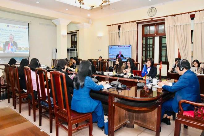 Delegates from Vietnam participate at the 5th ASEAN Ministerial Meeting on Women (AMMW) held in hybrid format (Photo: VietnamPlus) virtual meeting.webp