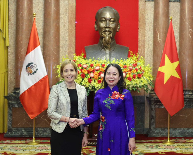 Actingn President Vo Thi Anh Xuan (R) and Ambassador of Peru Patricia Yolanda Raez Porto Carrrero. (Photo: VNA) vna_potal_quyen_chu_tich_nuoc_vo_thi_anh_xuan_tiep_dai_su_peru_den_trinh_quoc_thu__7376686.jpg