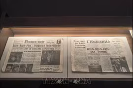 A newspaper copy reporting the defeat of French colonialists in the Dien Bien Phu Campaign in the northwestern province of Dien Bien 70 years ago is exhibited at the Vietnam Press Museum in Hanoi. (Photo: VNA)