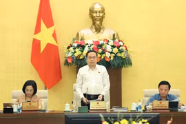 NA Chairman Tran Thanh Man (C) speaks at the 5th thematic session on law-building on August 12 (VNA)