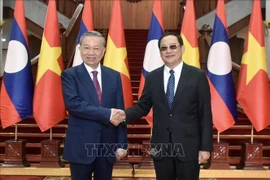 President To Lam (L) shakes hands with Lao Prime Minister Sonexay Siphandone (Photo: VNA)