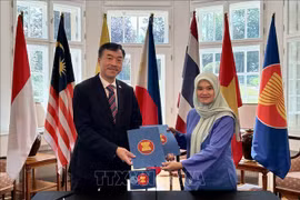 Vietnamese Ambassador to the Czech Republic Duong Hoai Nam receives the rotary chair of the ASEAN Committee in Prague from Malaysian Ambassador Suzilah Mohd Sidek. (Photo: VNA)