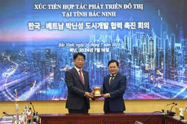 Secretary of the provincial Party Committee Nguyen Anh Tuan (R) and visiting RoK Minister of Land, Infrastructure and Transport Park Sang Woo (Photo: VNA)