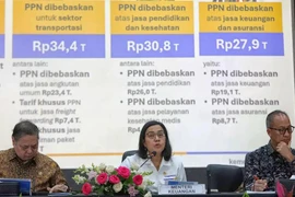 Minister of Finance Sri Mulyani (center) delivers a statement during a press conference at the Coordinating Ministry for Economic Affairs, Jakarta (Photo: jakartaglobe.id)