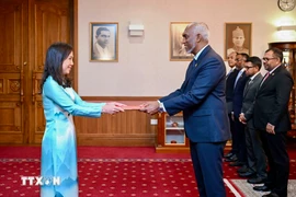 Vietnamese Ambassador Trinh Thi Tam presents credentials to Maldivian President Mohamed Muizzu. (Photo: VNA)