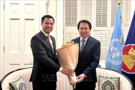 Ambassador Dang Hoang Giang (L), head of Vietnam's Permanent Mission to the United Nations, congratulates his Lao counterpart Ambassador Anouparb Vongnorkeo on the occasion of Laos’ 49th National Day (December 2, 1975 – 2024). (Photo: VNA)