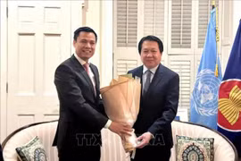 Ambassador Dang Hoang Giang (L), head of Vietnam's Permanent Mission to the United Nations, congratulates his Lao counterpart Ambassador Anouparb Vongnorkeo on the occasion of Laos’ 49th National Day (December 2, 1975 – 2024). (Photo: VNA)