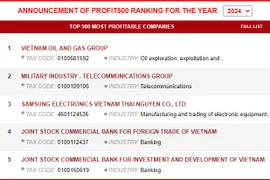 A screenshot of the rankings published on the website profit500.vn.