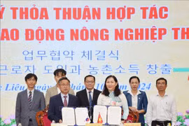 At the signing ceremony of a cooperation agreement between Bac Lieu and Uiseong county, Gyeongsangbuk-do province on sending local labourers to the RoK to work seasonally under the form of locality-to-locality collaboration between the two countries in the 2023 - 2027 period. (Photo: VNA)