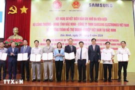 Delegates take a group photos after signing a memorandum of understanding on support programme for businesses in Bac Ninh in 2024. (Photo: VNA) 