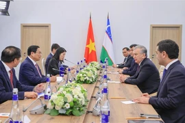 Prime Minister Pham Minh Chinh (second, left) at his meeting with Uzbekistan’s President Shavkat Mirziyoyev (second, right) in Kazan, Russia, on October 24 (local time) on the sidelines of the expanded BRICS Summit. (Photo: VNA)