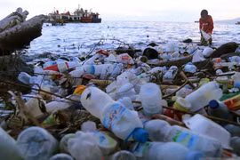 A boy collects plastic waste scattered on a beach in Ternate, North Maluku province of Indonesia. (Photo: Antara)